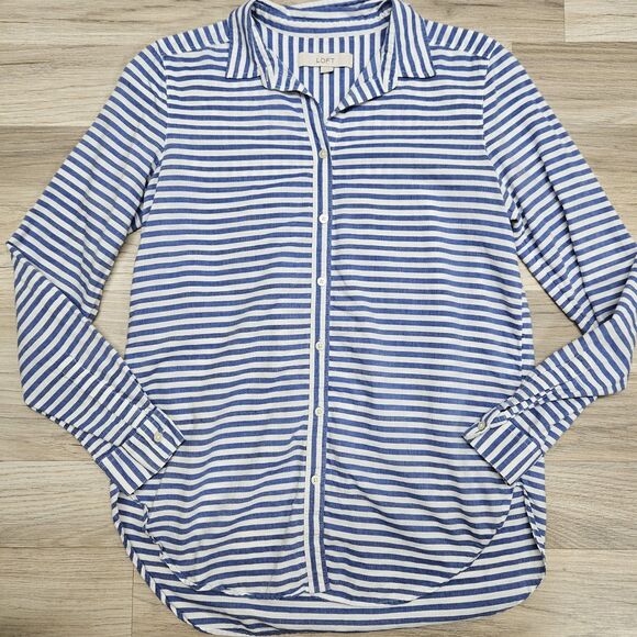 Loft Womens Blue White Stripe Cotton Blouse Button Down Size XS - Picture 1 of 7